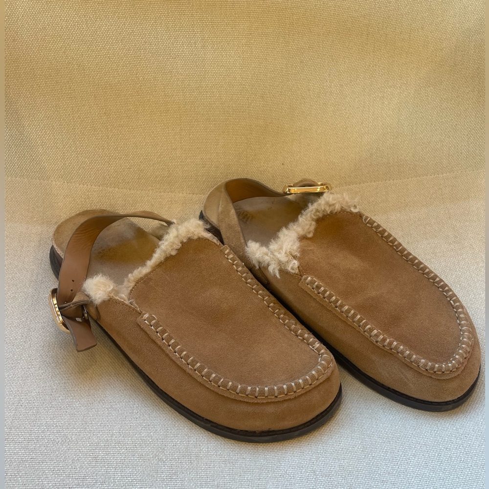 ZARA Tan Sling Back Suede Fur Lined Mule Loafer Slippers with Gold Buckle - Picture 5 of 7